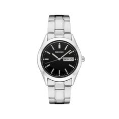 Dress up any casual or business attire with this sophisticated men's watch from Seiko's Essentials collection. Dress up any casual or business attire with this sophisticated men's watch from Seiko's Essentials collection.Click on this JEWELRY & WATCHES GUIDE to learn about fit, styles, materials and more! DISPLAY Matte black dial Face cover material: Hardlex crystal Luminescence: hands & hour markers Day & date windowCASE Material: stainless steel Diameter: 38 mm Screw-down crown Waterproof scre Classic Chronograph Watch For Work, Classic Chronograph Watch With Date Indicator For Business, Classic Chronograph Watches For Work, Chronograph Watches With Round Dial For Work, Chronograph Watches For Work, Workwear Chronograph Watch With Round Dial, Business Chronograph Watch With Date Indicator, Classic Watch With Round Dial For Work, Classic Watch For Work