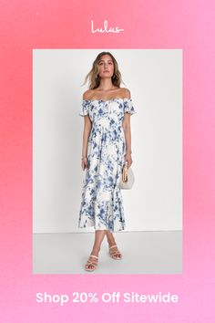 We can't help but dream about all the picnics and brunches we'll attend wearing the Lulus Delightfully Sweet White Floral Off-the-Shoulder Midi Dress! A whimsical floral print decorates gauzy woven fabric as it shapes this perfect sunny day dress, that features a lightly gathered bodice and a ruffle-trimmed, off-the-shoulder neckline, framed by fluttery short sleeves. The set-in waist (with long tying sash that secure at the back) tops a flowy, A-line midi skirt that falls to a tiered hem. Hidden side zipper. Fit: This garment fits true to size. Length: Mid-thigh. Size medium measures 45" from top to bottom. Bust: Great for any cup size. Waist: Fitted - elastic waist allows stretch. Hip: Not Fitted - fuller skirt allows room for hips. Undergarments: May be worn with a strapless bra, adhesi Bohemian One Shoulder Brunch Dress, Bohemian One-shoulder Dress For Brunch, Bohemian One-shoulder Brunch Dress, Chic Floral Print Off Shoulder Dress For Garden Party, White Off Shoulder Dress For Brunch, Summer Off-shoulder Dress With Floral Print For Brunch, Summer Floral Print Off Shoulder Dress For Garden Party, Off-shoulder Floral Midi Dress For Summer, Summer Off Shoulder Dress With Floral Print For Brunch