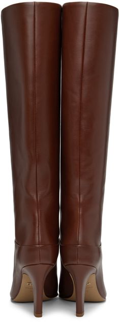 LWG-certified grained calfskin boots in brown. · Pointed toe · Grained sheepskin lining · Covered stiletto heel with rubber injection · Logo hardware at leather sole · Heel: H3.25 Supplier color: Cognac brown Chloe Brown, Tall Boots, Stiletto Heel, Cognac, Calf Skin, Stiletto Heels, Chloe, Boots, Heels