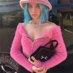 Trendy Aesthetic Outfits, Aesthetic Clothing Stores, Crop Cardigan, Pink Fur, Fuzzy Sweater, Cardigan Women, Solid Clothes, Y2k Aesthetic, Cropped Cardigan