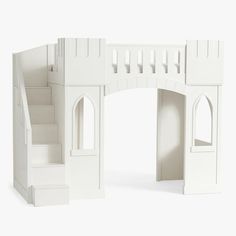 This enchanted castle brings the playroom to the bedroom in a way your little royal will love. This Castle Loft Bed features a twin bed atop the play castle, safely guarded with arched railing. The finish is hand-applied in multiple steps for an accurate, even color. This bed will be a lasting and playful centerpiece in their room for years to come. HOW IT IS CONSTRUCTED Expertly crafted from solid poplar wood, pinewood, engineered wood and MDF (medium density fiberboard). Kiln-dried wood helps Castle Loft Bed, Loft Bed For Kids, Nursery Seating, Castle Bed, Kids Castle, Bed For Kids, Diy Kids Furniture, Bunk Bed Loft, Kids Loft