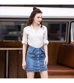 - Gross Weight : 400g - Material : Cotton,Spandex,Polyester - Elasticity : Slight - 1 inch = 2.54cm - if you cant confirm which size fit you, check our size guide or contact us. Fitted Button-up Denim Mini Skirt, Fitted Blue Button-up Denim Skirt, Fitted Button-up Denim Skirt For Work, Lapel Design, Modest Skirts, Denim Skirt Women, Early Spring Outfits, Current Fashion Trends, Chiffon Skirt