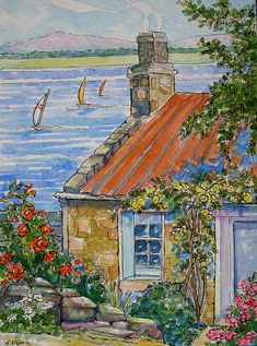 a painting of a house by the water with sailboats in the ocean behind it