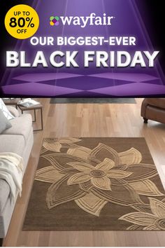 a living room with furniture and rugs on the floor for black friday, up to 80 % off