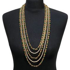 Diamonte layered mala Multi-strand Gold Jewelry For Celebration, Green Pearl Chain Necklace For Wedding, Costume Jewelry Long Necklace For Wedding, Wedding Costume Jewelry Long Necklace, Gold Multi-strand Jewelry For Festivals, Elegant Green Kundan Long Necklace, Elegant Long Green Kundan Necklace, Festive Multi-strand Gold Jewelry, Traditional Multi-strand Wedding Necklace