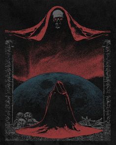 a black and red poster with a skull in the middle, on a dark background