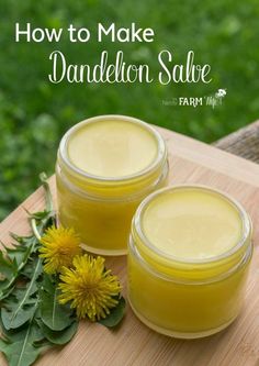 DIY Dandelion Salve Recipe - Learn how to use those dandelions growing in your backyard to make a salve that's useful for sore muscles, achy & arthritic joints and rough, chapped skin. Dandelion salve is especially ideal for those who work outdoors and with their hands a lot! Diy Dandelion, Dandelion Salve, Dandelion Jelly