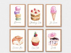 four watercolor paintings of desserts and ice cream