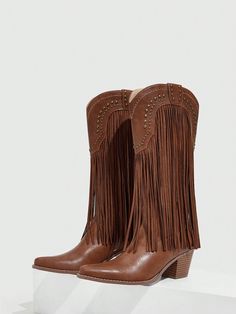 Styleloop Women's Shoes Fringe And Stud Detail Pointed Toe Chunky Heel Fashion Brown Western Boots Vacation Shoes Summer Sale, Cowboy Boots For Women Western Style Closed Toe Mid-calf Boots For Winter, Western Style Mid-calf Boots With Closed Toe For Winter, Casual Round Toe Boots For Country Events, Western Style Closed Toe Martin Boots For Fall, Western Style Martin Boots With Closed Toe For Fall, Fall Season Moto Boots With Round Toe For Rodeo, Winter Round Toe Heeled Boots For Western-themed Events, Bohemian Moto Boots For Festival In Fall, Round Toe Mid-calf Boots For Rodeo In Fall