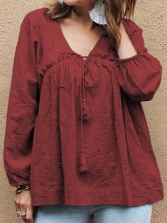 Solid Color Bandage Long Sleeve Loose Blouse for Women Solid Bohemian V-neck Blouse, Fall Peasant V-neck Top, Solid Color Long Sleeve Blouse For Brunch, Long Sleeve Solid Color Blouse For Brunch, Solid Color V-neck Blouse For Vacation, Bohemian V-neck Top, Fall Beach V-neck Blouse, Long Sleeve Blouse For Beach, Fall V-neck Tops For Beach