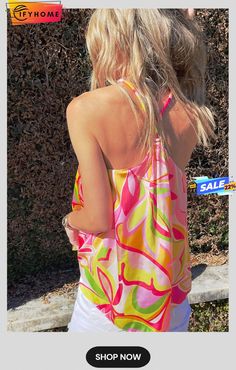 Pink Abstract Floral Print Knotted Halter Tank Top Multicolor Halter Neck Top For Beach Season, Multicolor Halter Neck Top For Spring, Spring Floral Print Halter Neck Blouse, Spring Halter Neck Blouse With Floral Print, Halter Neck Blouse For Beach, Halter Neck Blouse For The Beach, Summer Party Blouse With Vibrant Print, Multicolor Summer Blouse, Multicolor Summer Blouse For Party