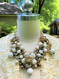 Thank You If You Favored One of My Items! You Will Receive 10% Off an Item of Your Choice, Unless It Is On Sale, Code17. Thank You. GORGEOUS 80's HOWLITE Runway Necklace/Vintage Chunky Bib Necklace/Floral Bib Necklace/80's Glam Bib Necklace/80's Necklaces/MINT Condition Circa 1980's GORGEOUS HOWLITE Floral Chunky Bib Necklace  You Are Currently Viewing a Lovely 1980's Glitz Floral Chunky Bib Necklace. This Necklace Closes with a Lobster Claw Closure, Includes Lovely Aurora Borealis Jewels and Ho Retro White Necklace For Party, White Retro Party Necklace, Vintage White Necklaces With Jewels, Vintage Beaded Party Necklace, Vintage White Necklace For Party, White Vintage Party Necklace, Retro Vintage Charm Jewelry For Party, 80s Necklaces, 80s Glam