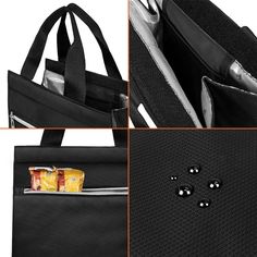 three images show the inside of a black bag