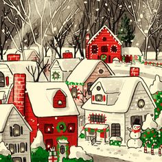 a painting of snow covered houses and trees