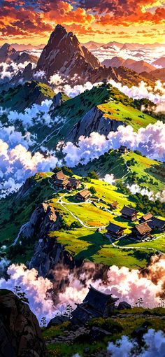 the mountains are covered in clouds and green grass, as well as houses on them