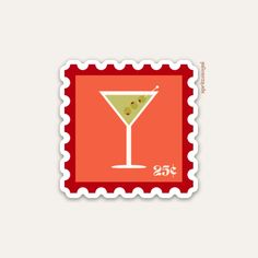 a red and white sticker with a martini in the middle on an orange background