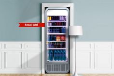 an upright refrigerator with the door open and shelves full of drinks, beverages and condiments