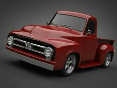 an old red pickup truck on a black background