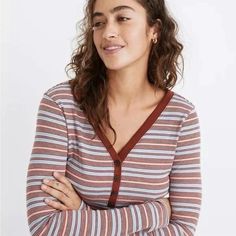 Soft Long Sleeve Burgandy Red And Powder Blue Striped V-Neckline Henley With 1/4 Button. Made Of 56% Cotton 37% Polyester And 7% Elastane. Chest: 21” Length: 25” Size:Xl Checked Blouse, Color Block Tee, Flared Sleeves Top, Turtleneck Shirt, Henley Tee, Grey Pullover, Henley Top, Pullover Shirt, Henley Shirts