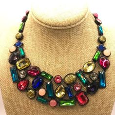 Trina Turk Confetti Cockltail Statement Necklace (Previously Owned) Blue, Yellow, Green, Red, Pink, Teal, Glitter Cabochons Black Base, Toggle Clasp 17.5 Inches Long *Great Condition* No Holds No Trades *O*B*O* Item Has Been Cleaned. #709 Trina Turk, Toggle Clasp, Blue Yellow, Confetti, Black Red, Statement Necklace, Black And Red, Charms, Glitter