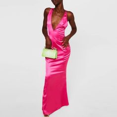 Missguided Plunge Neck Satin Fishtail Maxi Dress In Pink/ Fuchsia. Nwt. Uk Size 8/ Us Xs. Evening Pink Halter Neck Maxi Dress, Pink Halter Neck Maxi Dress For Party, Pink Halter Neck Maxi Dress For Date Night, Pink Satin Halter Neck Maxi Dress, Glamorous Pink Backless Maxi Dress, Pink Satin Maxi Dress For Night Out, Pink Satin Maxi Dress For Date Night, Pink V-neck Maxi Dress For Cocktail, Chic Pink Backless Maxi Dress