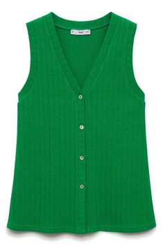 Fine yarns give this simply styled sweater-vest its light weight you'll love on its own in warmer weather in a layer-ready fit that's up for cooler days, too. Front button closure V-neck 74% cotton, 26% polyester Machine wash, line dry Imported Casual Textured Knit Sweater Vest For Spring, Spring Workwear Textured Knit Sweater Vest, Casual Summer Sweater Vest, Spring Green Knit Vest, Spring Workwear Sweater Vest, Spring Knit Sweater Vest, Spring Textured Knit Sweater Vest For Layering, Casual Pointelle Knit Vest For Spring, Knit Sweater Vest For Spring