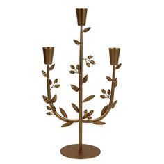 a metal candle holder with three candles on it's sides and leaves on the top