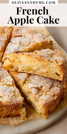 french apple cake cut into squares on a plate with the title overlay above it