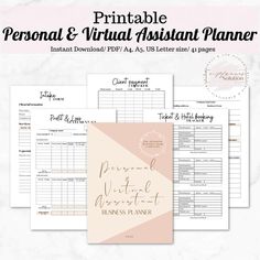 the printable personal and virtual assistant planner is shown in three different colors, including pink