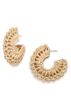 Raffia straw is handwoven into an intricate fan-like silhouette on these statement-making hoop earrings further charmed by 24-karat gold-plated bands. 2 1/4" hoop diameter; 3/4" width Post back Raffia straw/24k-gold plate Handmade in France Raffia Earrings, Beige Earrings, Contemporary Accessories, Satchel Tote Bag, Tea Accessories, Designer Clothes For Men, Watch Necklace, Tie And Pocket Square, Toddler Girl Outfits