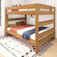 a wooden bunk bed sitting on top of a hard wood floor next to a window