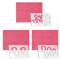 three pieces of paper with pink and white designs on them, one in the shape of numbers