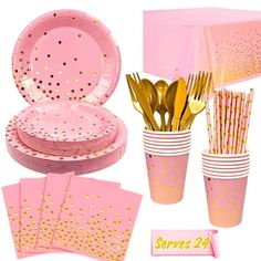 pink and gold party supplies including plates, napkins, cups, forks and utensils