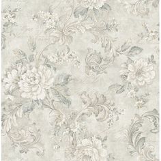 a wallpaper with white flowers and leaves on the top, in shades of grey