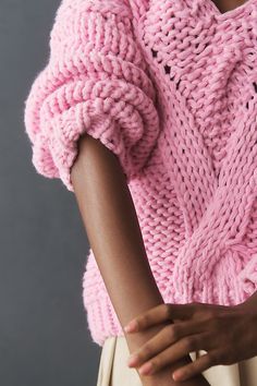 Has sweater weather ever looked (and felt) this good? | Chunky V-Neck Sweater by Self Contrast in Pink, Women's, Size: Medium, Acrylic at Anthropologie Pink V Neck Sweater, Latest Sweater, Pink Fits, Chunky Sweater, Green Sweater, Fashion Essentials, Pink Sweater, Sweater Weather, V Neck Sweater