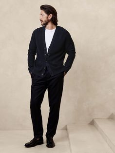 Franco Merino Cardigan Sweater | Banana Republic Mens Cardigan Outfit, Mens Work Outfits, Navy Outfit, Black Pants Men, Banana Republic Men, Mens Cardigan, Fall Outfits For Work, The Sheep, Cardigan Outfits