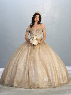 May Queen - LK151 Embellished Off-Shoulder Ballgown Quinceanera Dresses 4 / Champagne/Gold Gold Dresses For Quinceanera, Quince Champagne, Plus Size Ballgown, Gold Quinceanera Dresses, Halter Ball Gown, Gold Ball Gown, Corset Ball Gowns, Gold Sequin Gown, Floral Ball Gown