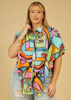 All "eyes" on you in this eye-catching layered shirt designed with a cubism eye print. Trendy Multicolor Shirt With Vibrant Print, Trendy Multicolor Fashion Print Tops, Trendy Shirt With Vibrant Print For Summer, Trendy Vibrant Print Shirt For Summer, Trendy Summer Shirt With Vibrant Print, Bold Printed Tops For Summer, Bold Printed Summer Tops, Trendy Multicolor Shirt With Abstract Print, Bold Graphic Print Tops For Spring