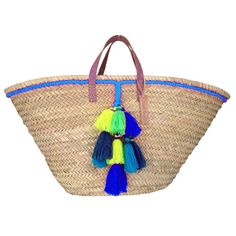 straw beach Bag 21 x 13,7 in Handle rope 19 in straw beach Bag 54 x 35 cm Handle rope 50 cm Straw Basket small wool pom pom neon blue French Basket, Beach Basket, French Baskets, Basket Small, Wool Bags, Straw Beach Bag, Straw Basket, Hand Woven Baskets, Handmade Baskets