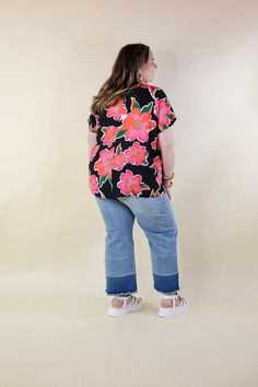 Introducing our "Fresh Bloom" top, a delightful addition to your wardrobe this season. Adorned with a captivating floral print, this top boasts short sleeves and a flattering v-neckline. Available in sizes ranging from small to 3XL, it's perfect for every body type. Model: Abby is wearing a size large. Nancy is wearing a size 2XL. Size Suggestions and Measurements: Small: 2-6 | Bust: 23 inches across the front | Length: 26 inches Medium: 8-10 | Bust: 24 inches across the front | Length: 27 inche Giddy Up Glamour, V Neck Top, V Neck Tops, Body Types, Floral Print, Floral Prints, Short Sleeves, V Neck, Wardrobe