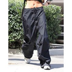 Navy Blue Tie Waist Wide Leg Casual Overalls Casual Summer Sports Parachute Pants, Casual Summer Parachute Pants For Sports, Aesthetic Trousers, Low Rise Cargo Pants, Straight Sweatpants, Streetwear Sweatpants, Mini Skirt Party, Cargo Pants Streetwear, White Ripped Jeans