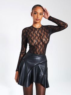 Maisie Black Lace Long Sleeve Bodysuit Sheer Bodysuit For Night Out In Fall, Stretch Lace Bodysuit With Lace Trim, Spring Lace Bodysuit For Night Out, Long Sleeve Lace Bodysuit For Party, Stretch Lace Long Sleeve Bodysuit, Spring Party Lace Top With Lace Closure, Chic Lace Top Bodysuit For Party, Chic Lace Bodysuit With Lace Trim, Chic Party Bodysuit With Lace Top