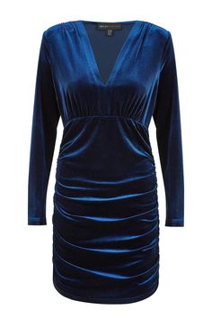 Jewel tones for the new season are truly magnificent, for Christmas parties or fancy events. Show off your figure in this sumptuous velvet dress from Mela, in a gorgeous blue with V neckline, long sleeves and the mega flattering ruching on the sides. Style with a sequin blazer for an extra glam look. Knee Length Evening Dress, Dresses For The Races, Sequin Blazer, Glam Look, Glam Looks, Denim Gift, Christmas Parties, Blue Mini Dress, Long Sleeve Mini