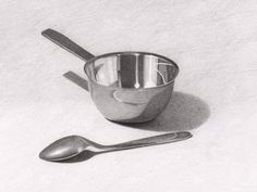 a drawing of two spoons and a measuring cup on a white surface with a shadow