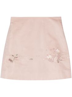 light pink mulberry silk floral embroidery concealed rear zip fastening A-line thigh-length straight hem Elegant Skirt With Floral Embroidery, Feminine Pink Silk Bottoms, Fitted Floral Embroidered Skirt, Elegant Floral Skirt For Spring, Elegant Floral Embellished Skirt For Spring, Feminine Floral Embroidery Bottoms For Summer, Chic Floral Embroidered Skirt, Chic Skirt Bottoms With Floral Embroidery, Chic Skirt With Floral Embroidery