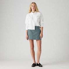 Wrap Skirt - Dark Wash | Levi's® US Workwear Skort With Button Closure, Workwear Skort With Button Closure And Short Length, Workwear Mini Skirt With Button Closure, Trendy Fitted Button-up Mini Skirt, Relaxed Mini Denim Skirt, Spring Workwear Mini Skort, Fitted Spring Skort With Button Closure, Levi's Fitted Mini Denim Skirt, Levi's Fitted Denim Mini Skirt