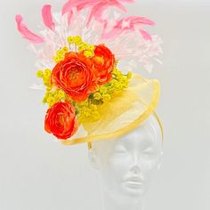 Handmade by Featured Milliner of The Kentucky Derby Museum 2023 & 2024! Bundle of orange peonies on butter yellow base with pink feathery. Loveyl, fresh spring bouquet on your head! Attaches with headband.  Not taking customs this year--Derby 150 is going to be massive and mom life keeps me running! However, happy to suggest pieces that will coordinate with your outfit. If you don't love the way this attaches to your head--message me!  I can swtich *most* pieces to your preference. Clip, Headban Head Message, Orange Peonies, Kentucky Derby Fascinator, Derby Fascinator, Derby Party, Kentucky Derby Hat, Butter Yellow, Spring Bouquet, Derby Hat