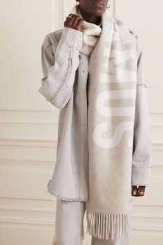 JACQUEMUS Fringed jacquard-knit wool scarf | NET-A-PORTER Jacquemus Scarf Outfit, Jacquemus Scarf, Birthday 20, Winter Wishlist, Nyc Winter, Bandana Neck, Scarf Trends, Silk Neck Scarf, Mode Zara