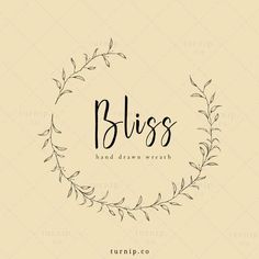 the logo for bliss hand drawn wreaths with leaves and branches in black on a beige background