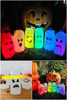 halloween lanterns with faces painted on them and one has a neon yellow light in the middle